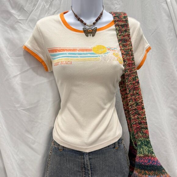 Y2K Ringer Tee M Self Esteem Sunset Beach Surf Print Floral Rhinestone - Picture 2 of 8